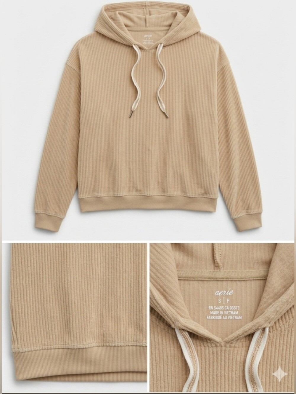 aerie Ribbed Crewneck Hoodie in Beige